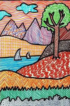 用线条描绘的大山#儿童画素材##线描##儿童创意美术#来源:一朵画吖