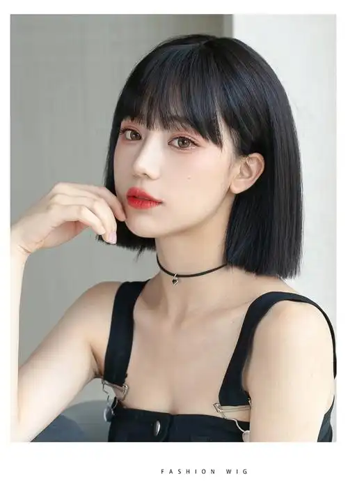actualself假发女夏漫画刘海短发时尚波波头女士发型黑色短直发全头套