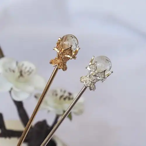 如烟古典水晶发簪神棍一字簪盘发汉服发饰简约日常金箔琉璃蓝银色