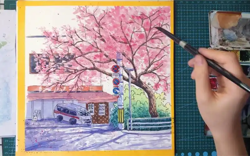 钢笔淡彩 樱花树下水彩画绘画过程