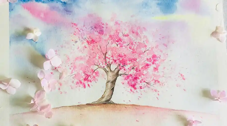 如何快速画一颗樱花树,水溶彩铅教程