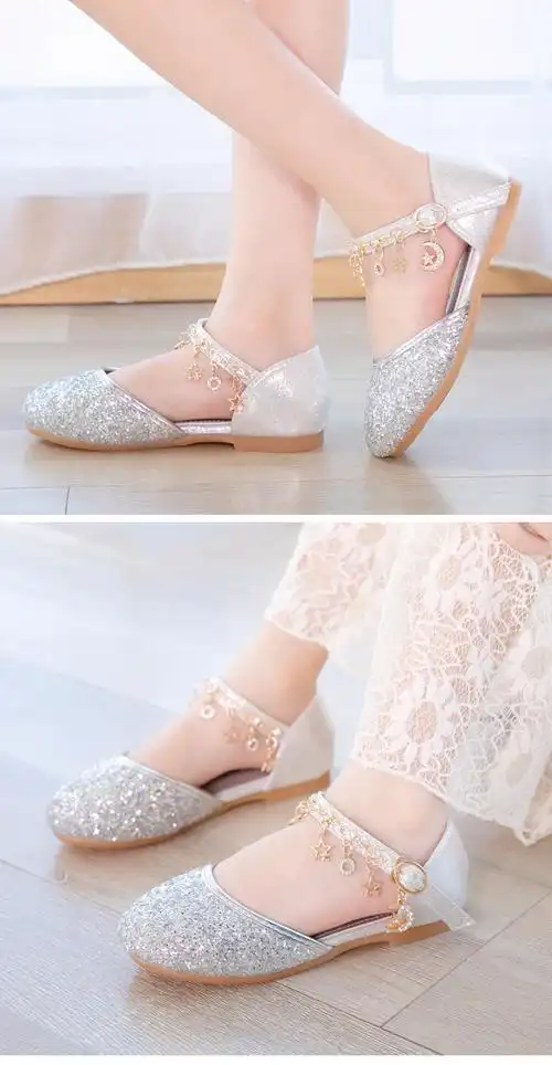 高品质】女童高跟鞋闪亮金色公主鞋新款儿童凉鞋子包头水晶鞋小女孩