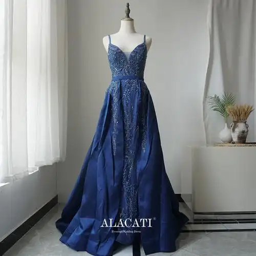 拖尾2022新款蓝色性感吊带鱼尾高腰晚礼服可拆卸礼服