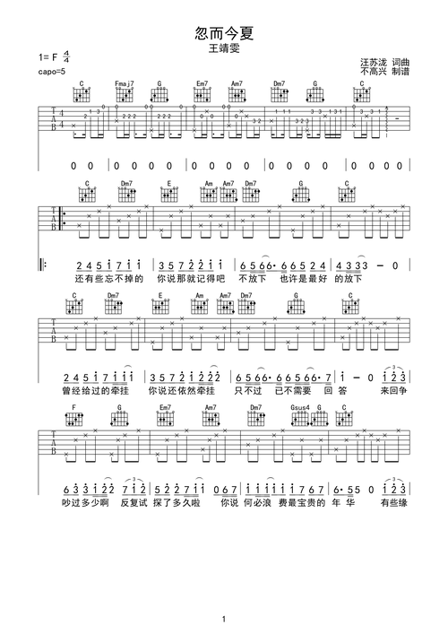 忽而今夏吉他谱 王靖雯-彼岸吉他 - 一站式吉他爱好者服务平台