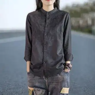 wvirtje棉麻女装亚麻高档上衣苎麻女品牌立领套头衬衫复古重工刺绣