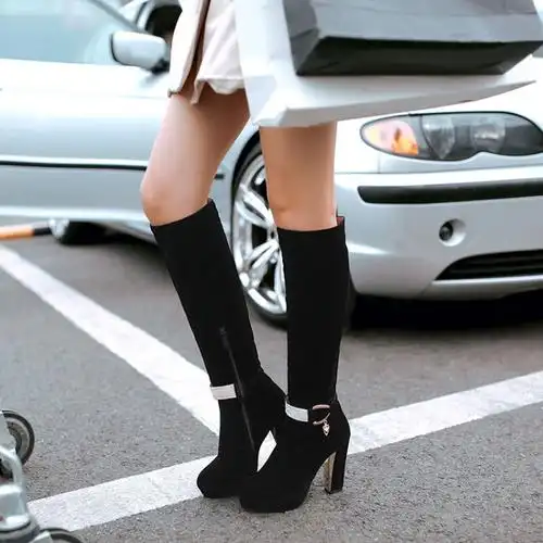 欧美粗跟长靴女厚底防水台高筒靴女超高跟马丁靴水钻搭扣长筒靴2017