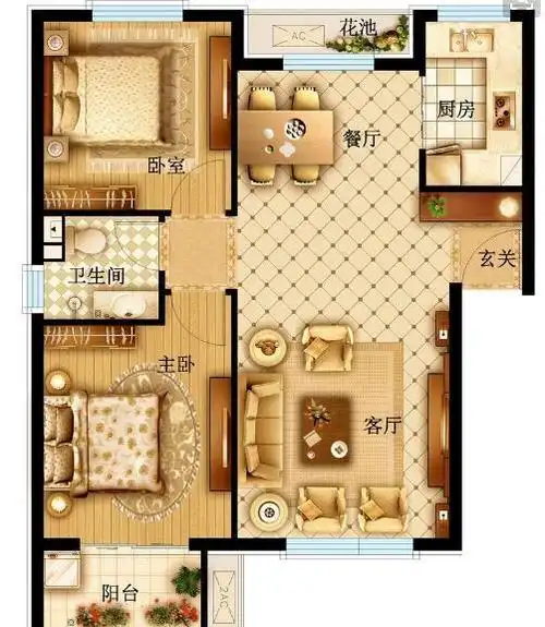 以下就是本套中金海棠湾小区96平米二居室房子的户型图.