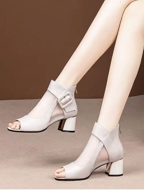 即美森田新款鱼嘴网纱粗跟凉鞋女夏镂空高跟尖头网靴罗马高帮女鞋凉靴