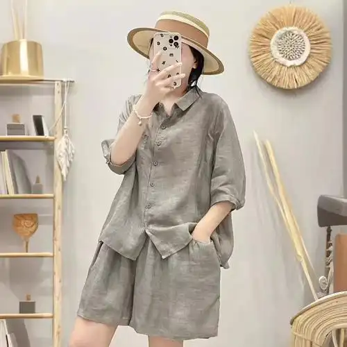 斜纹苎麻套装 2024夏季新款 手工缝线衬衫女防走光短裤休闲两件套