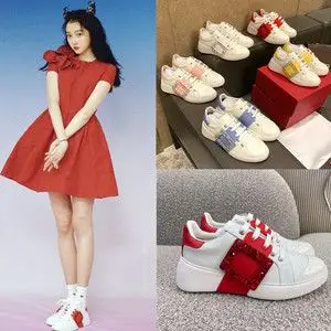 王牌对王牌春晚关晓彤同款鞋子拼色方扣水钻运动板鞋真皮小白鞋女