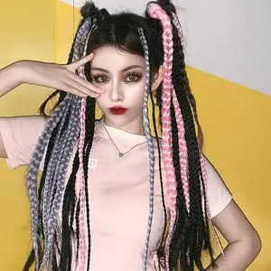 粉色脏辫假发女 街舞麻花辫辣妹编发成品辫子 彩色渐变直接带马尾