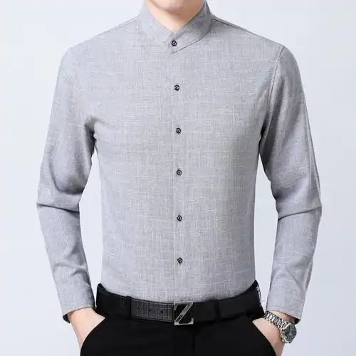 梵克公牛2019年秋季新款中年男士长袖衬衫休闲立领中年男装爸爸衬衫