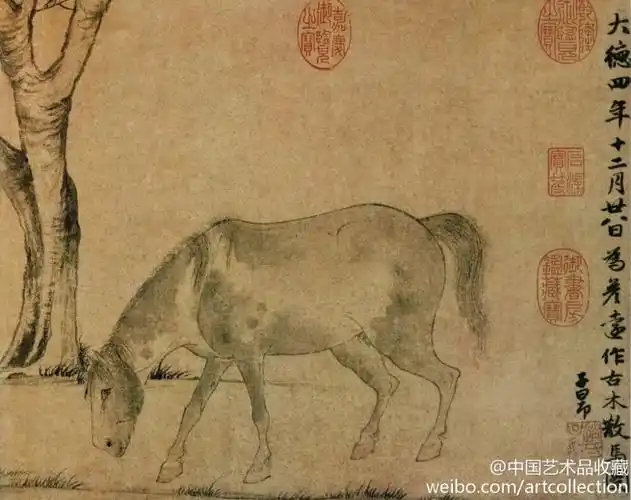 【 元 赵孟頫 《古木散马图》 】卷,纸本,墨笔,1300年作,台北故宫