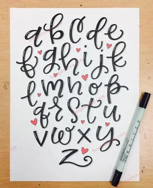 带着小小爱心的英文花体字26个字母图片素材-红豆饭小学生简笔画大全