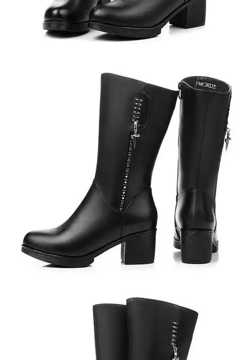 冬季加绒加厚中筒靴女棉靴子真皮加厚羊毛冬靴中年女士中跟妈妈大棉鞋