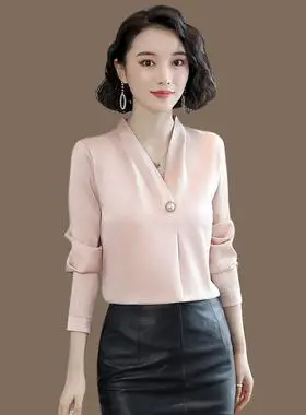 长袖衬衫女2020春秋新款纯色简约洋气百搭气质v领大码职业装衬衣