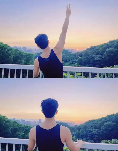 吴磊作星汉灿烂打油诗#吴磊晒落日背影照,并配文"太阳一落山,星芯就