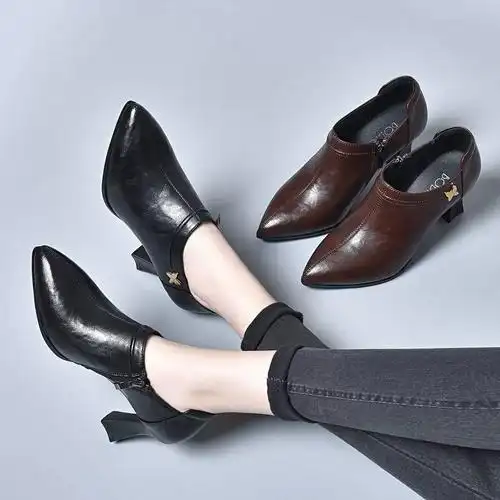 爆款新款粗跟女鞋2024春款真皮高跟鞋气质尖头手抓纹单鞋女士皮鞋