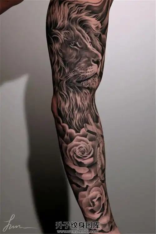 男性欧美黑灰色狮子玫瑰花纹身【升子纹身520】
