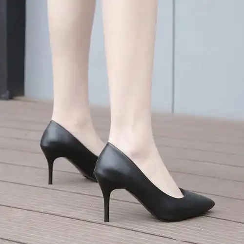 苏芈黑色软皮高跟鞋女职业面试细跟尖头单鞋大学生礼仪空乘中跟35cm7