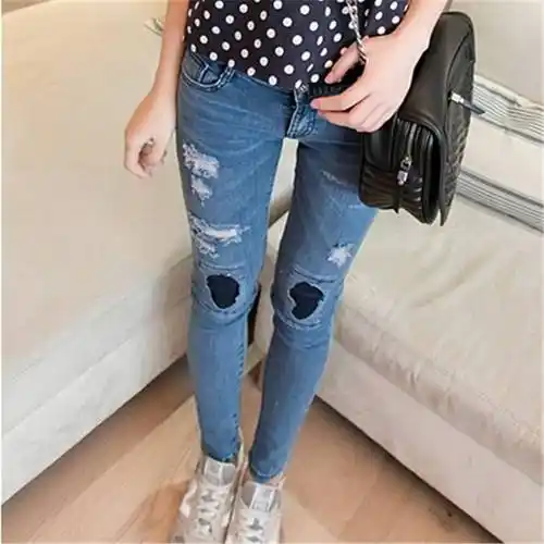 新款 膝盖补丁磨破修身显瘦牛仔铅笔裤女长裤 小脚bma122 0838# 牛仔