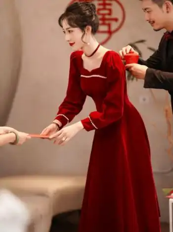 敬酒服新娘2021新款秋冬季结婚订婚回门礼服长袖连衣裙女酒红色xxl