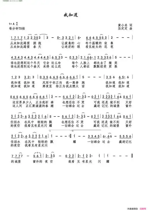 我知道简谱-喻越越演唱-黄小名/巫定定词曲1