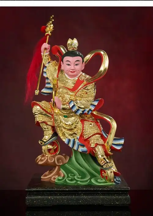 站双轮太子爷樟木雕彩绘五营将军中坛元帅哪吒三太子神像居家摆件博杉