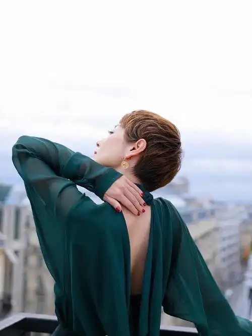 短发的郑秀文更妩媚巴掌小脸冷艳范十足拖地黑长裙大露蝴蝶背