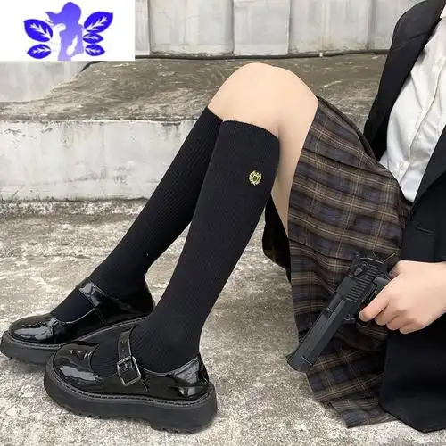 ideamini日系徽章船锚中筒袜女黑色长筒jk秋冬英伦大童校服小腿袜丝袜
