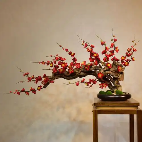 中式仿真花艺植物盆栽红色梅花盆景样板房茶室摆件