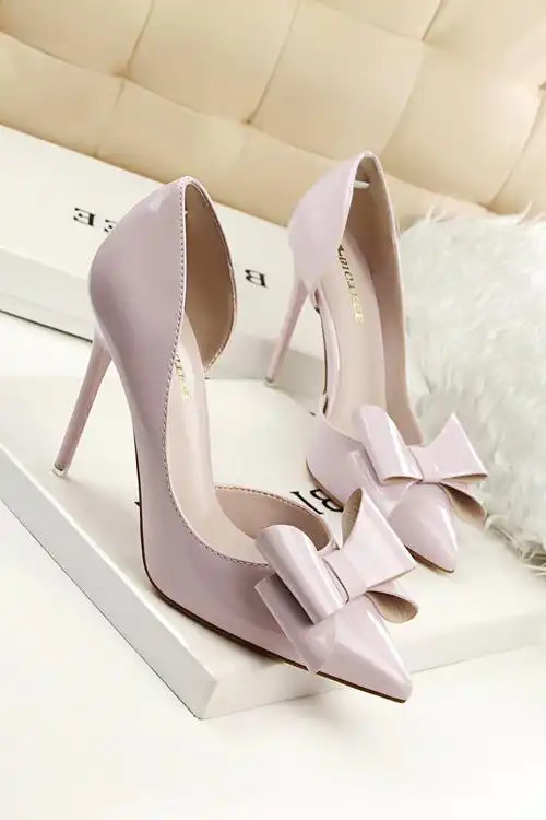 甜美漆皮蝴蝶结性感高跟鞋时尚镂空显瘦女单鞋婚鞋子