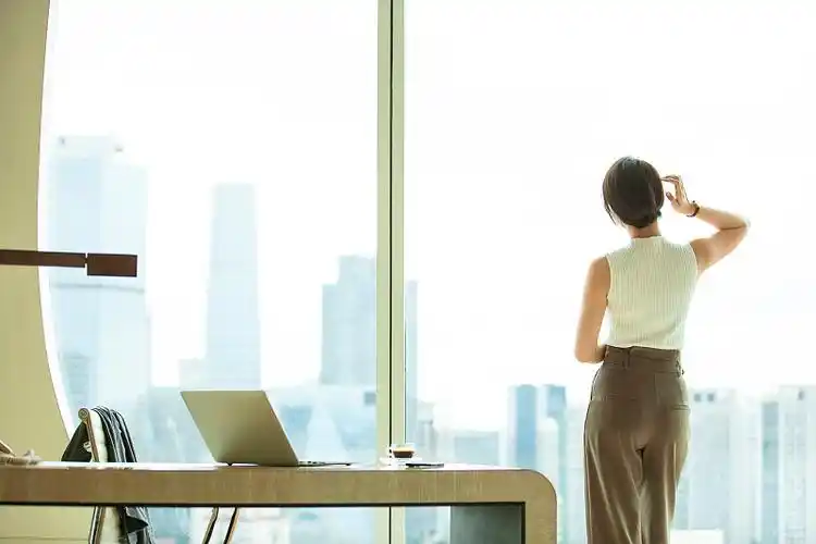 女商人站在酒店房间窗边看风景背影图片下载