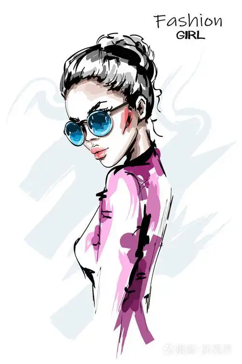 手绘在太阳镜美丽的年轻女子.时尚优雅的金发女孩.时尚女性肖像.素描