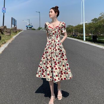 诺兮纱玫瑰印花连衣裙女夏季2023新款女装高腰显瘦泡泡短袖温柔风长