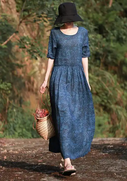 文艺新款裙子印花连衣裙棉麻豆蔻苎麻