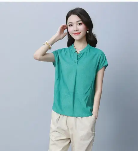棉麻短袖t恤女宽松韩版2020夏装新款半袖百搭亚麻衬衫女上衣小衫