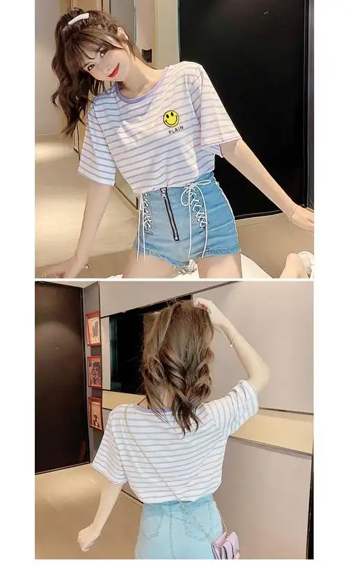 初中女生短袖t血衫高中生t恤夏天穿的t恤少女孩短款条纹半袖半截袖