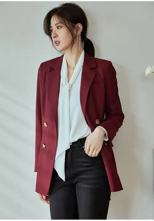 roeyshouse罗衣知性ol酒红色西装外套女2022春装新款职业通勤修身西服