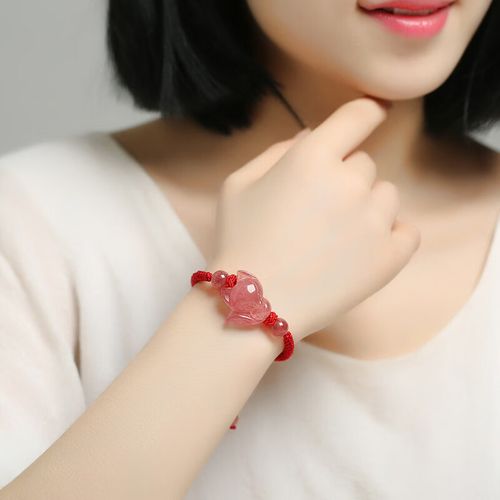 瓶凡天然粉水晶小狐狸手链女款招桃花运转运粉晶红绳手串生日礼物