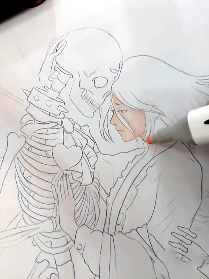 美术生手绘骷髅骨,画上红色的心脏,千年荒剩骨,爱你不变心