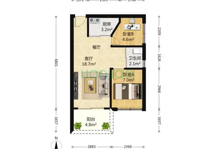 深圳景源华庭2室1厅1卫50平米户型图