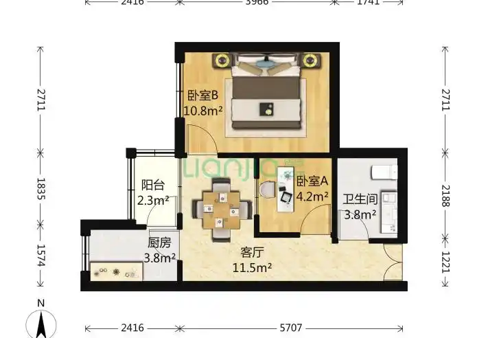 北京程庄南里2室1厅1卫50平米户型图