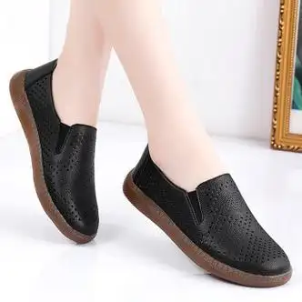 冠恤真皮凉中年妇女夏款透气女夏天皮鞋厚底凉鞋镂空夏季超软豆豆鞋牛