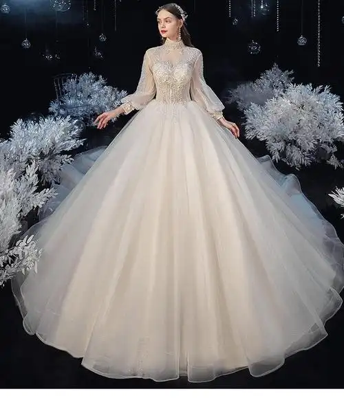 dx法式超仙婚纱礼服礼服2022新款长袖重工显瘦气质大拖尾复古风梦幻女