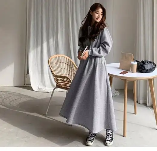 现货卫衣裙大码春秋季卫衣裙女长款显瘦显高过膝高腰连帽连衣裙