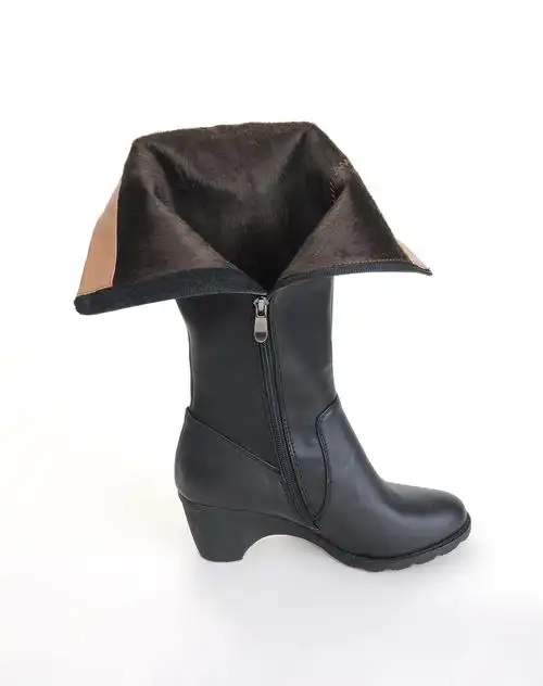 曼萨尼莎manzanita sol黑色牛皮拼接拉链流苏高筒靴