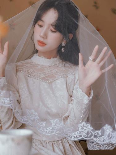 小洋装民国风复古着领证小白裙轻婚纱礼服白秀珠同款连衣裙秋冬季