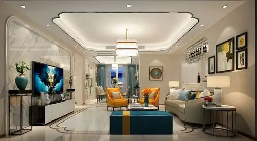 客厅的莲花头吊顶和地面的莲花头拼花相互呼应.