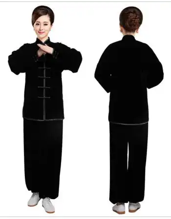 金丝绒太极服秋冬加厚晨练武术表演服冬季太极拳练功服装 黑色 m